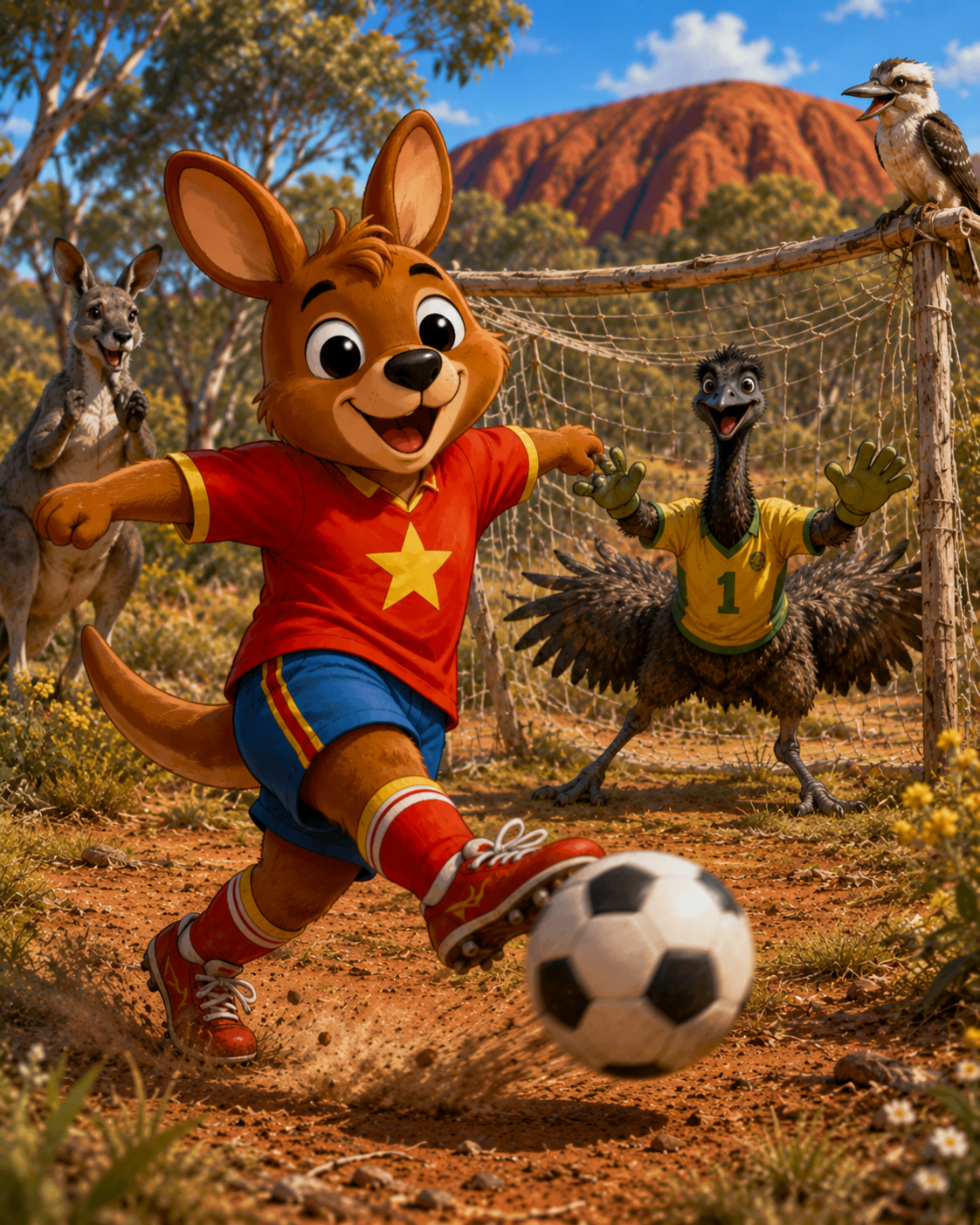 Animated characters playing soccer in a desert landscape with trees, mountains, and a blue sky. A cheerful fox in a red shirt kicks a soccer ball, while a bird in a sports jersey and a kangaroo and a kookaburra watch nearby.