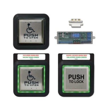 Four accessibility and door lock switches, including a push button to open, a relay, and two door lock/ unlock switches with indicator lights.