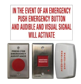 Sign and three emergency buttons with instructions for activating emergency signals and assistance