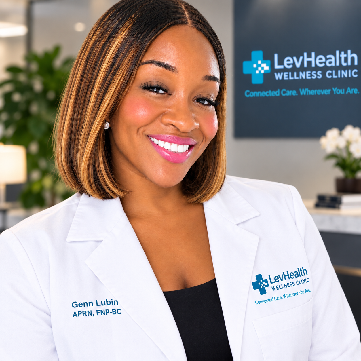 A smiling woman in a white medical coat standing in front of a LevHealth Wellness Clinic sign, with houseplants and office decor in the background.