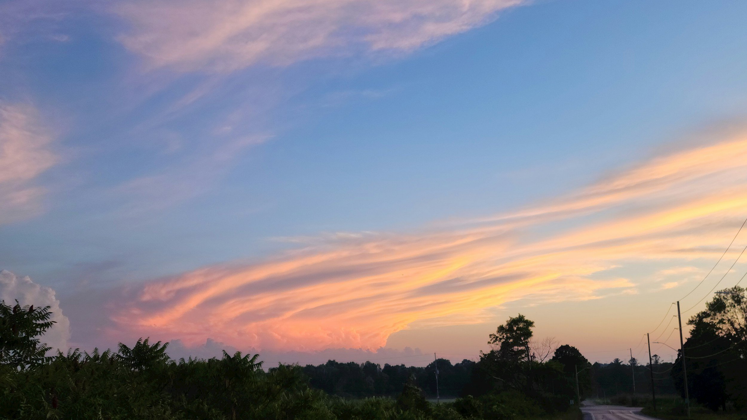 Sky with colorful clouds during sunset or sunrise, trees and power lines in the foreground.