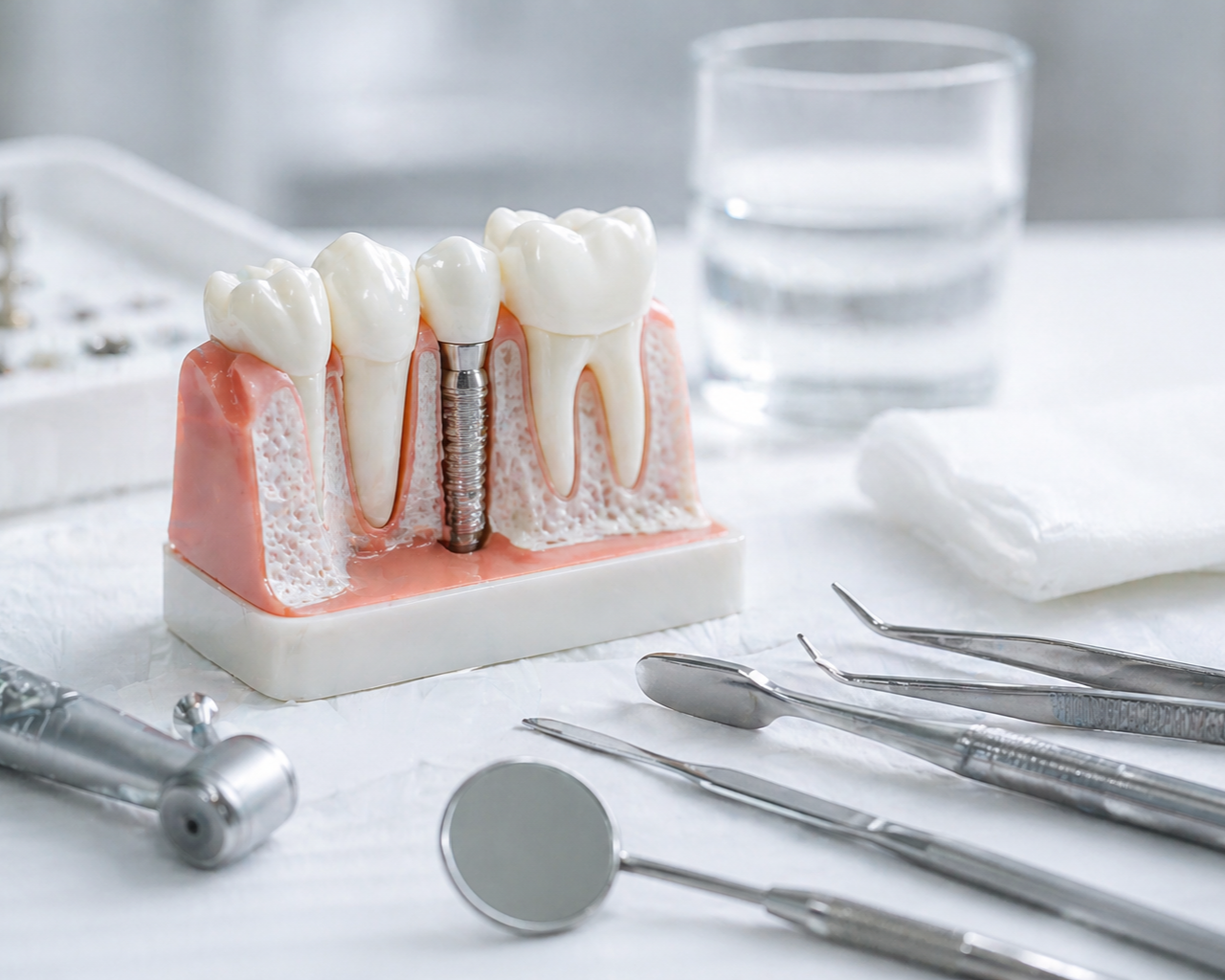 A dental model showing a dental implant surrounded by dental tools.