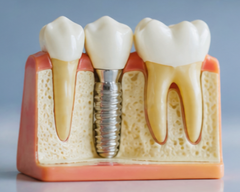 Cross-section model of dental implant with a metal screw in the jawbone surrounded by teeth