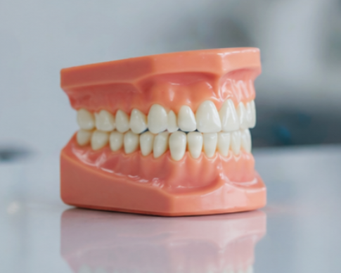 Close-up of a set of dental model teeth.