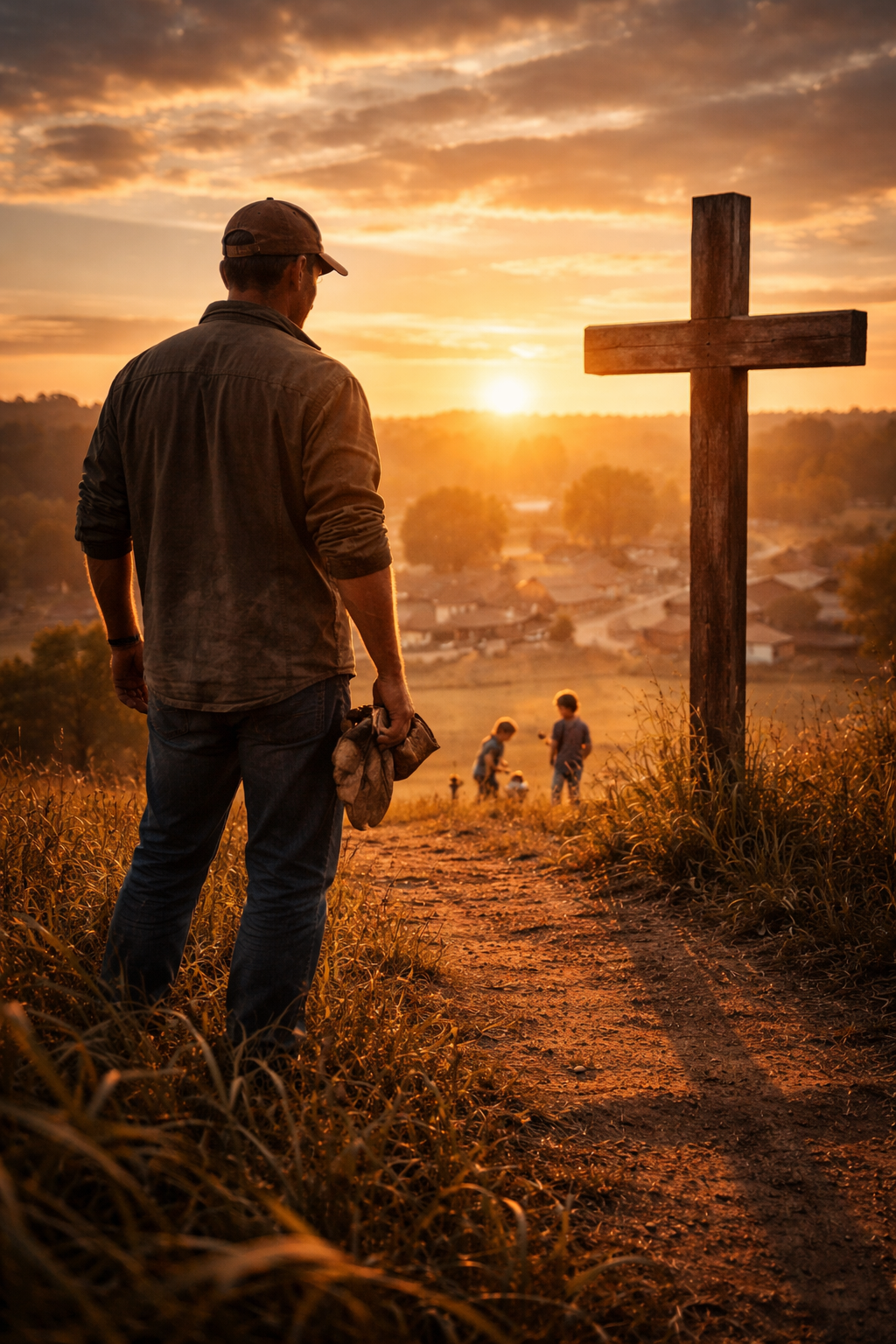A man standing on a dirt path next to a wooden cross during sunset, with children playing in the background.