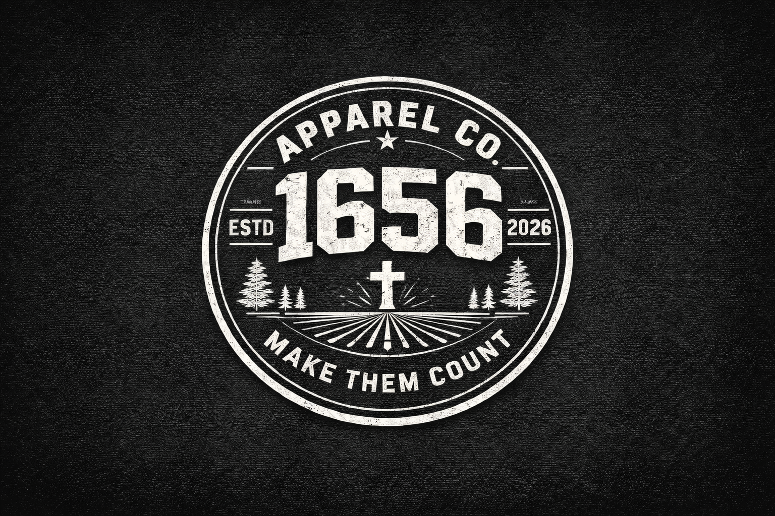A black circular emblem with white text and graphics for 'Apparel Co.' Established in 1656, with the slogan 'Make Them Count.' Features trees, a cross, and a radiating pattern at the bottom.