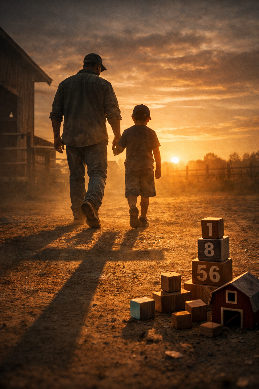 A man and a young boy walking hand in hand on a dirt path at sunset, with wooden blocks and a miniature house on the ground nearby.