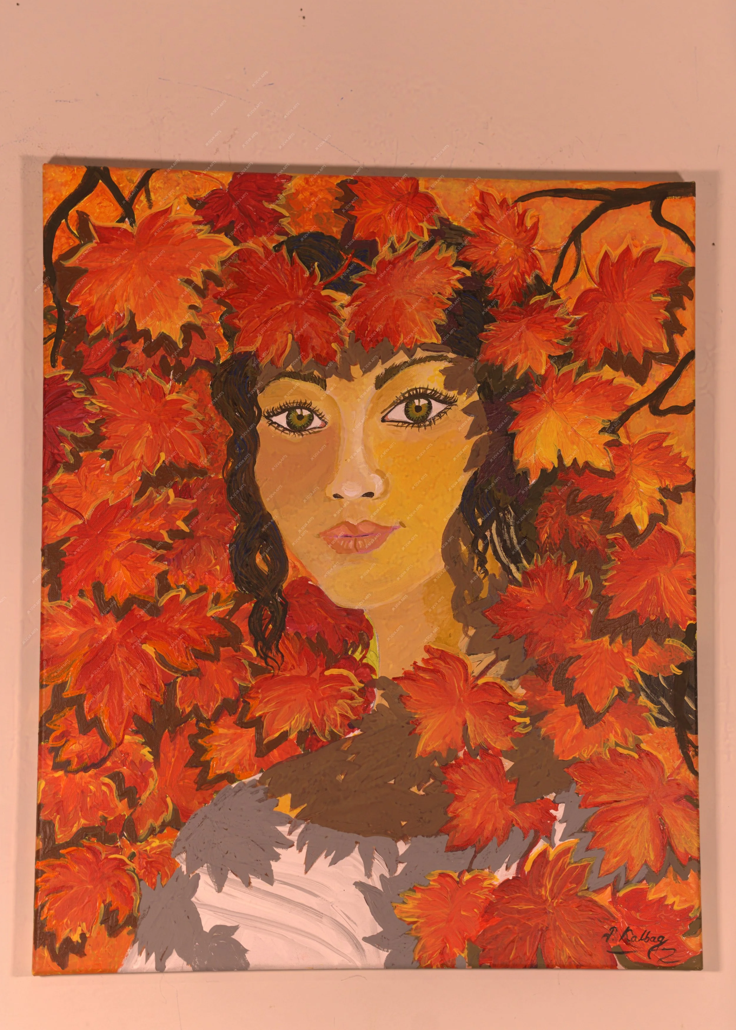 Whispers of Maples -  Woman with Red Maples-An Original 20" x 24" canvas acrylic painting