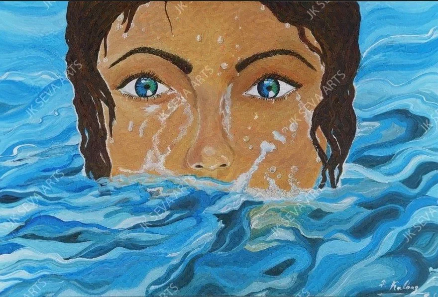 Blue Serenity: Woman Emerging from Water  (Original Acrylic Painting)