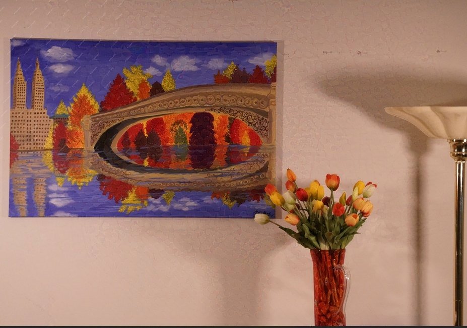 An Autumn stroll to remember - Vibrant Fall Colors of Central Park 24" x 36" )(Original acrylic painting on a canvas)