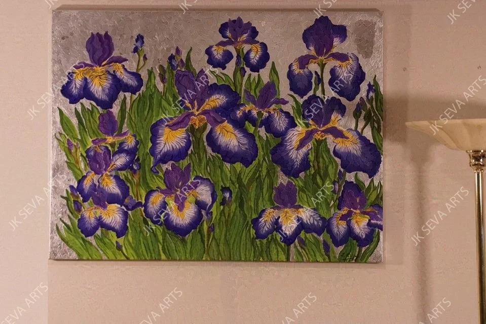 Iris Spring. An acrylic painting with Silver leaf background. 36" x 48" (Original Painting)