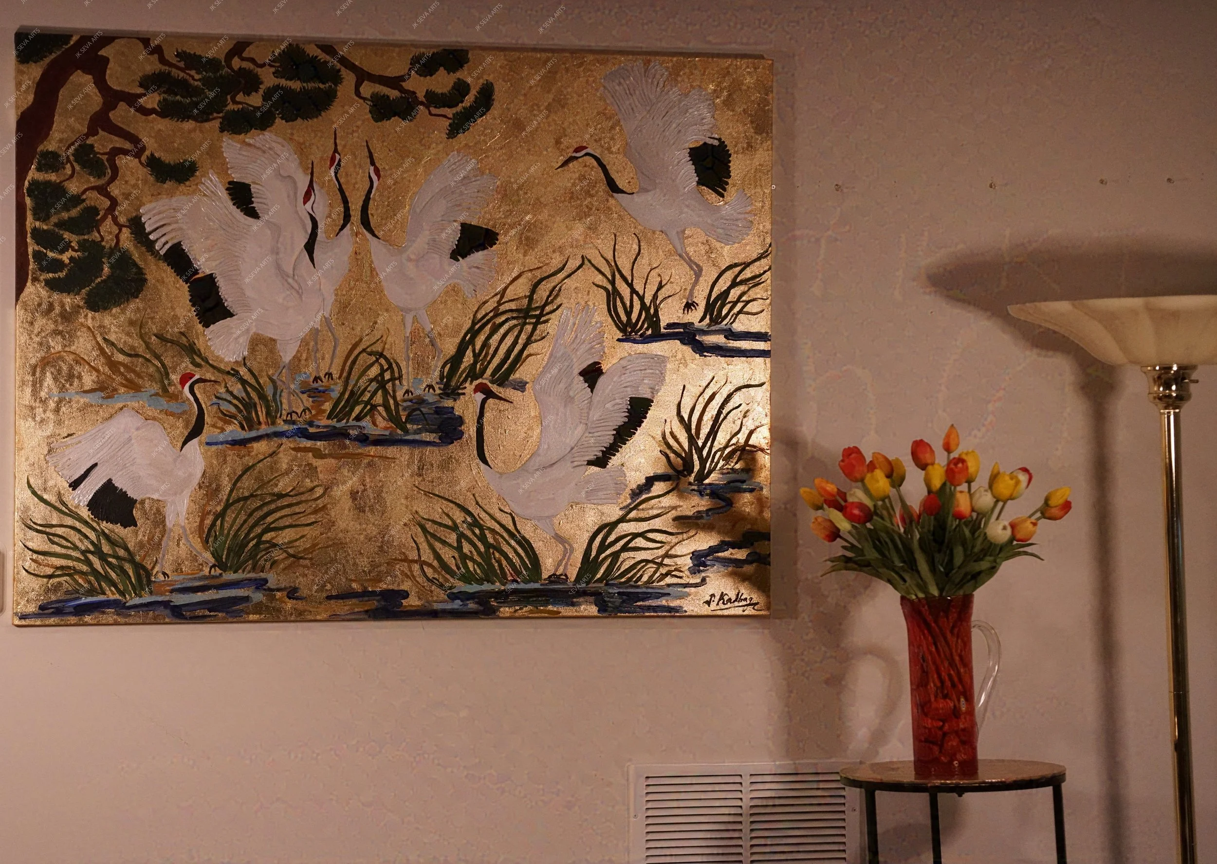 Majestic Crane Dance Acrylic Painting with Gold Leaf - Original Painting