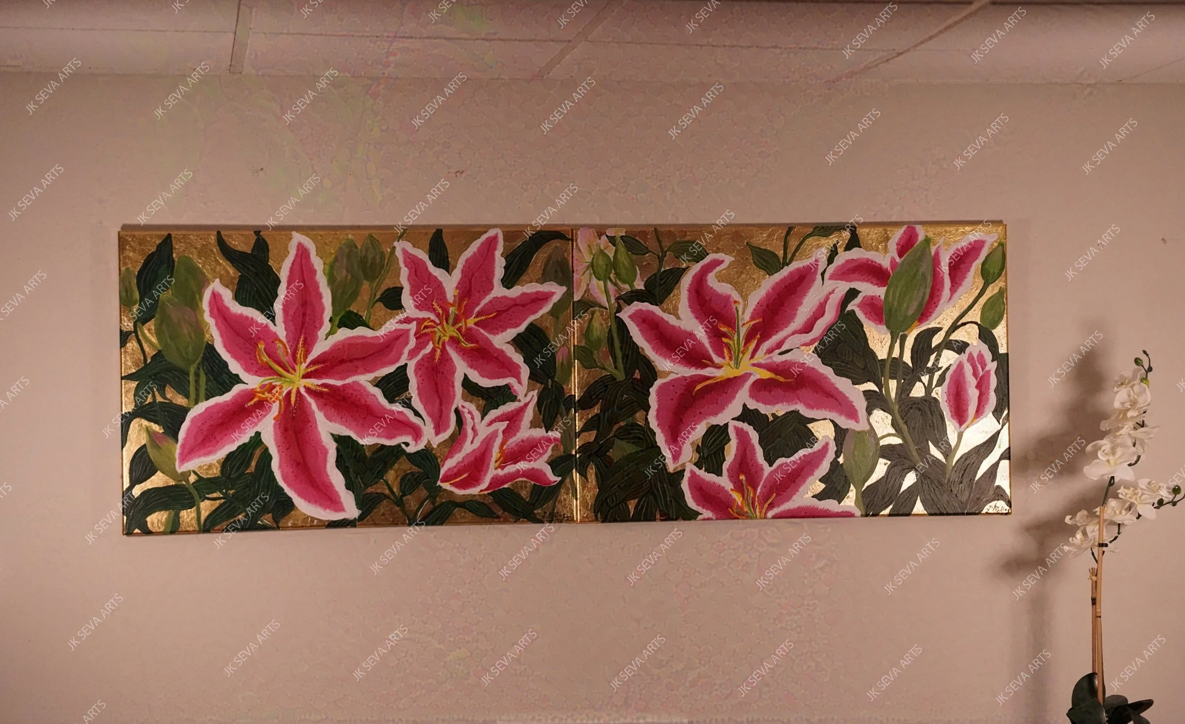 Stargazers Smile - A diptych of canvases - acrylic with gold leaf background 2 ft x 6 ft (Original Painting)