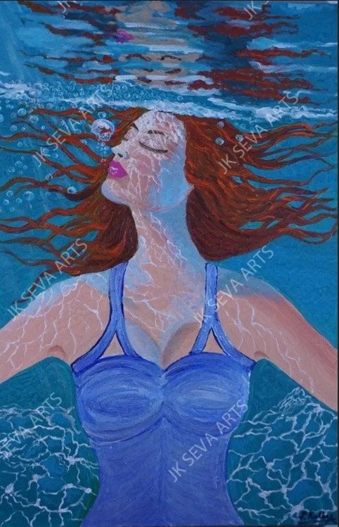 Turquoise Tranquility of an early morning Swim: Woman Beneath the Waves (Original Acrylic Painting)