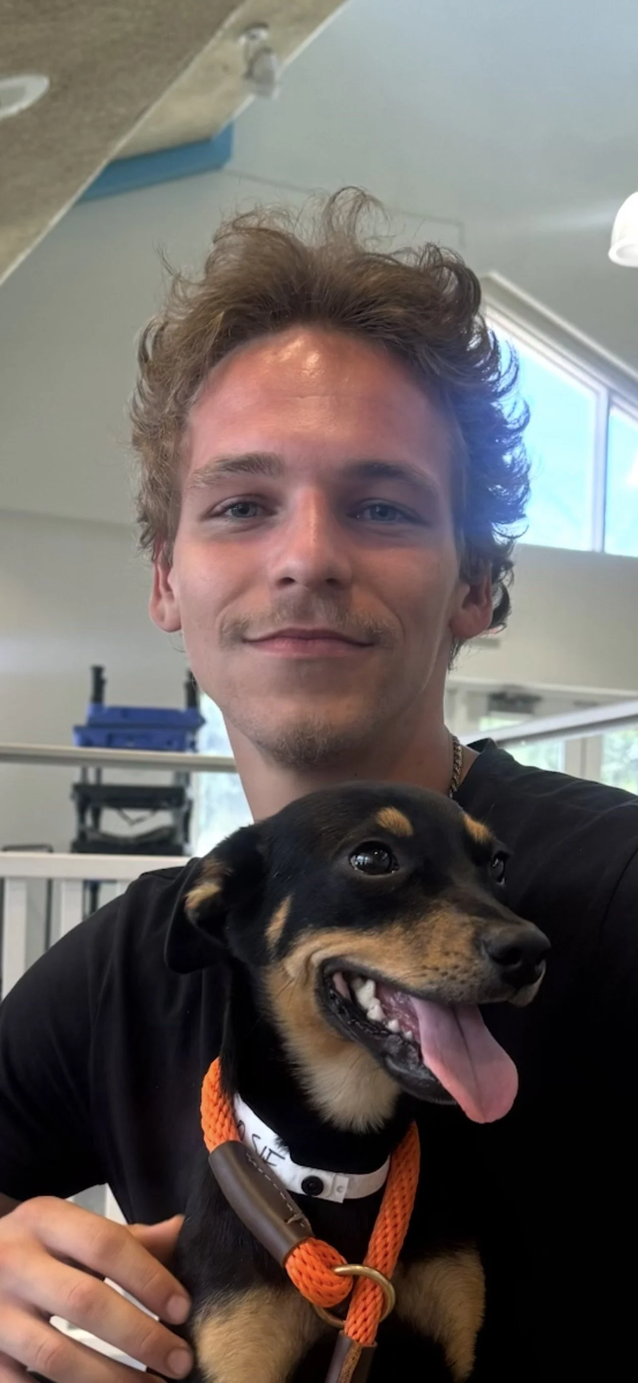 A young man with curly hair and a slight smile, holding a happy black and tan puppy with its tongue out, inside a bright room with large windows.