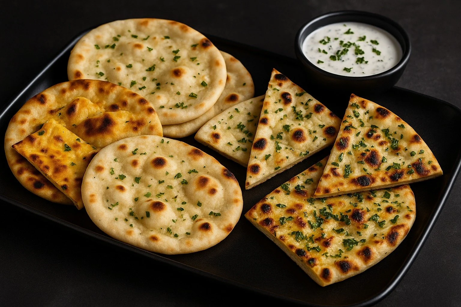 A black rectangular tray holding assorted Indian breads, including naan and garlic naan, garnished with chopped herbs, accompanied by a small bowl of yogurt sauce with herbs.