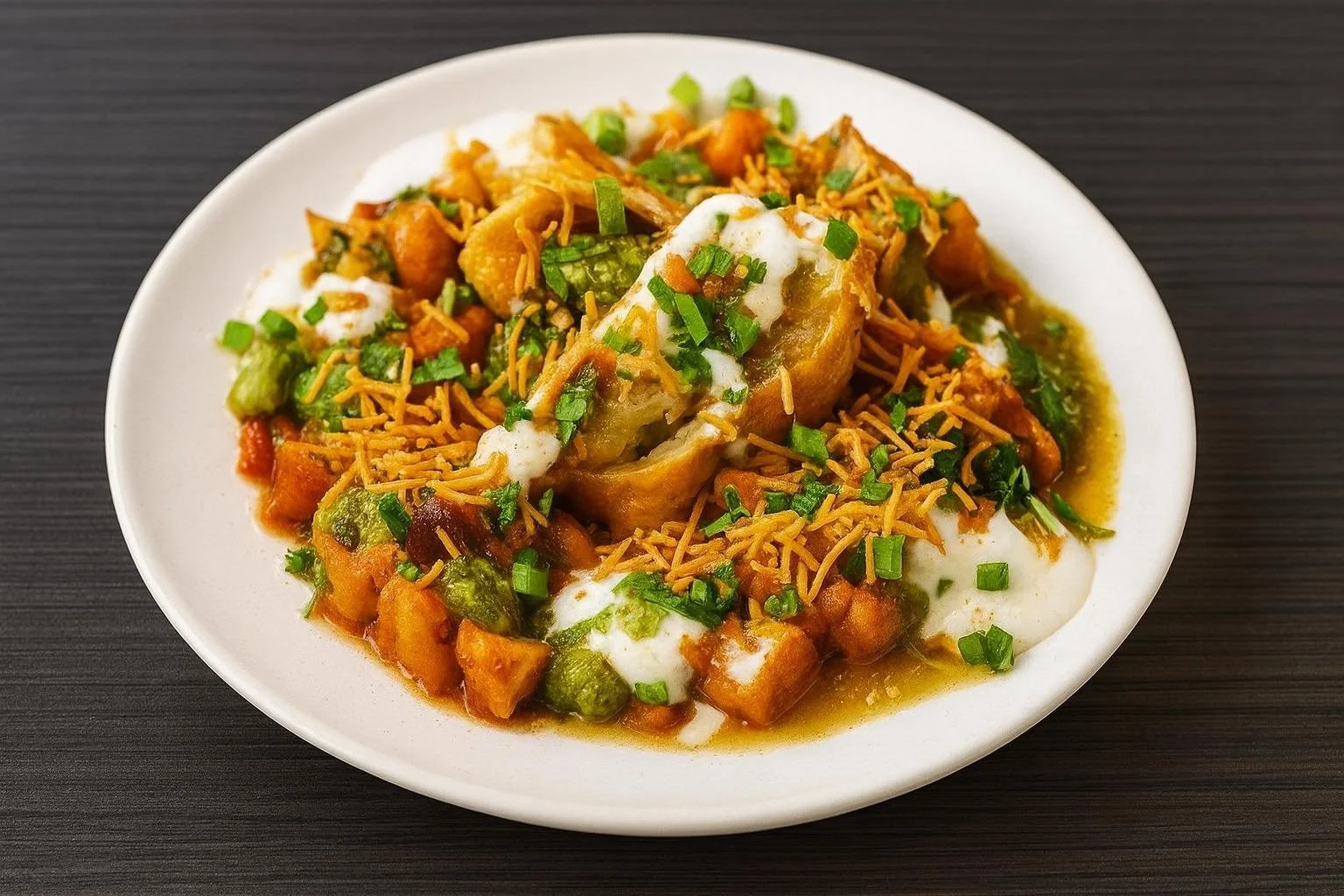 A plate of Indian vegetable curry with garnishes of chopped green onions and crispy fried noodles, served with a drizzle of yogurt.
