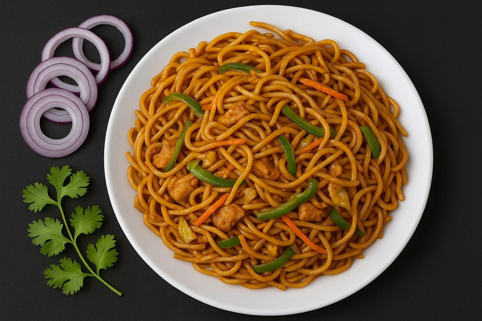 A white plate of stir-fried noodles with chicken and mixed vegetables, garnished with sliced red onions and a sprig of cilantro on a black background.