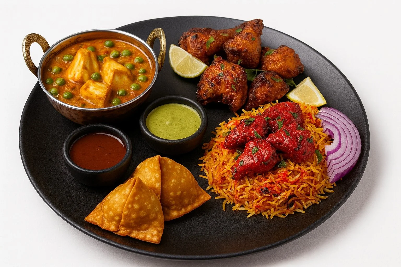 An Indian thali platter with rice, chicken curry, vegetable curry, samosas, chutneys, onion slices, lemon wedges, and fried chicken pieces.