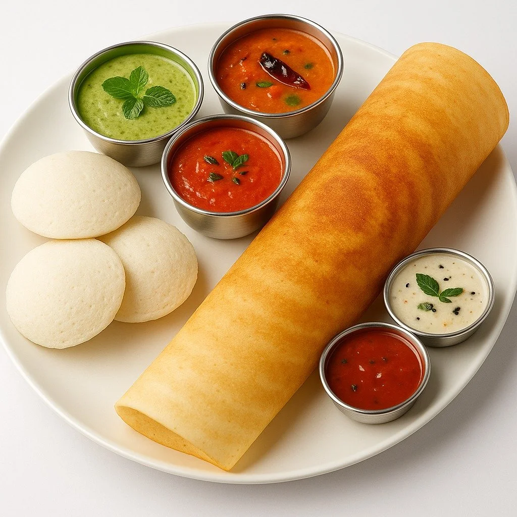 Plate with a large dosa, three white idlis, and four bowls of various chutneys and salsas.