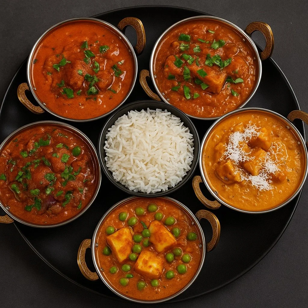 A round black tray with five small bowls of Indian curry and one bowl of white rice in the center. The curries include various dishes with peas, paneer, meat, and vegetables, garnished with cilantro and spices, served in traditional metal bowls with 