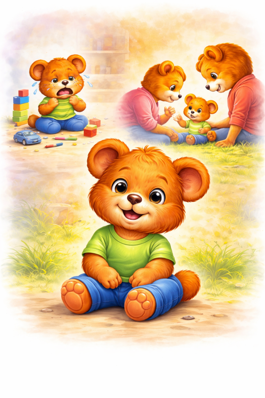 Illustration of a cute anthropomorphic bear cub with big eyes, wearing a green shirt and blue pants, sitting outdoors on the grass.