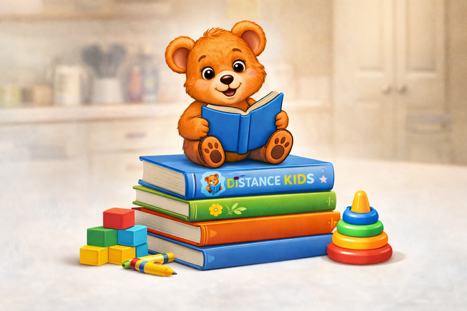 A cartoon bear in a sitting position, holding and reading a blue book, sitting on top of a stack of colorful children's books, with toys including stacking rings, building blocks, and crayons surrounding it on a white surface in a blurred background.