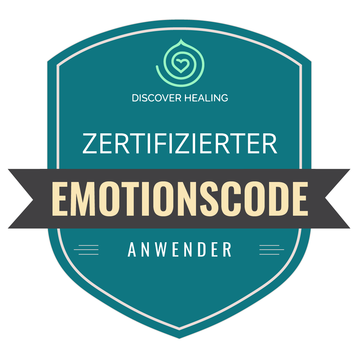 Zertifizierungsabzeichen für einen Emoionscode-Anwender, mit dem Slogan "Discover Healing" und der Bezeichnung "Zertifizierter Emotionscode Anwender".