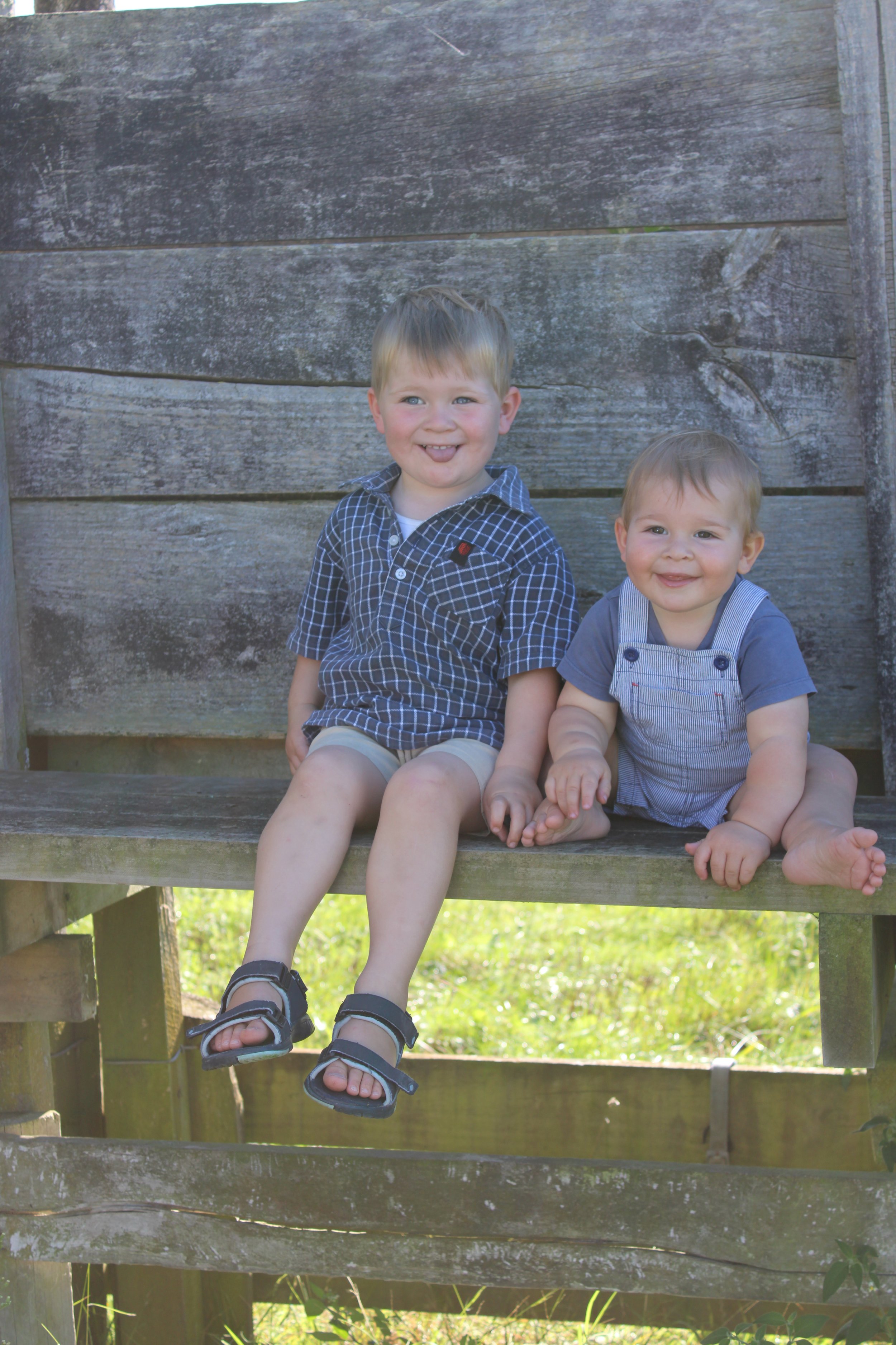 Two young boys sitting on a wooden platform in front of a rustic wooden wall, holding hands and smiling at the camera.