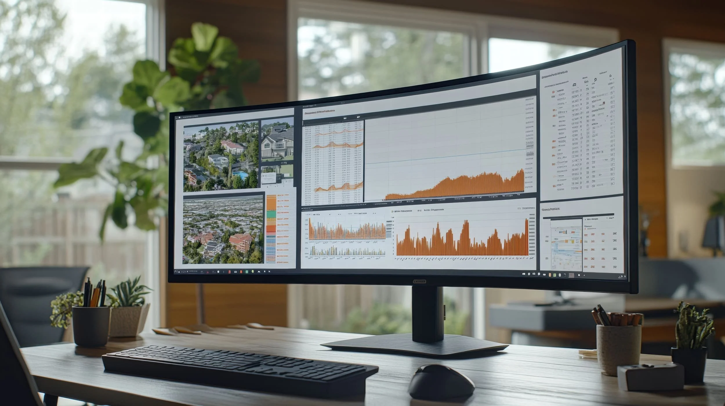 A computer monitor displays various graphs and aerial images of houses, set on a wooden desk in a bright room with large windows and green plants.