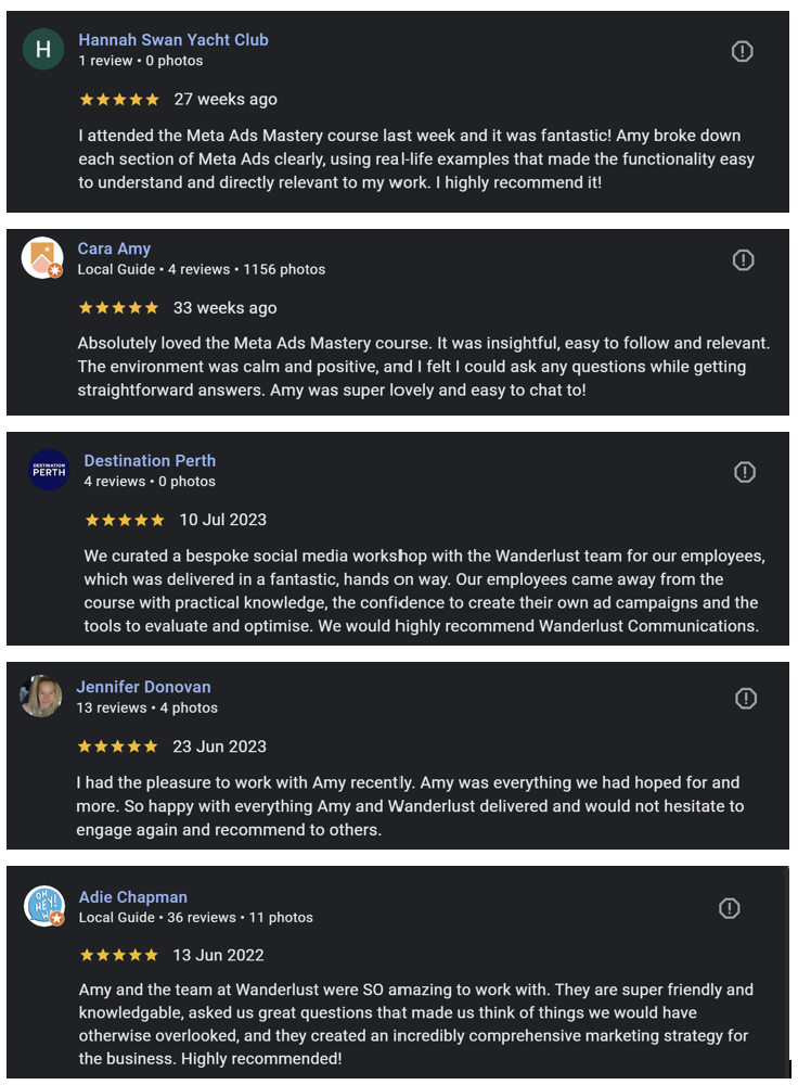 Screenshot of five Facebook reviews for various service providers, each with star ratings and comments about their experiences.