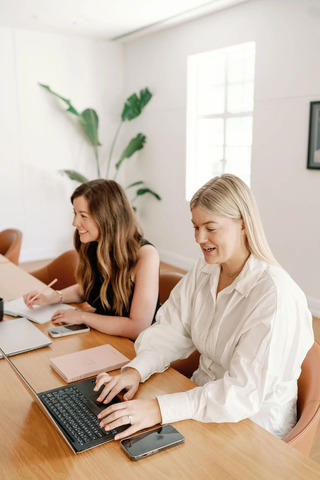 Two women are sitting at a wooden conference table, smiling and working on laptops in a bright room with natural light, a large window, and a green potted plant in the background.