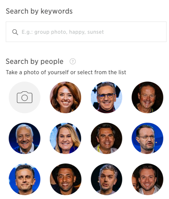 A screenshot of a photo search interface showing options to search by keywords or select from a list of people, with a grid of eight profile pictures of smiling individuals.