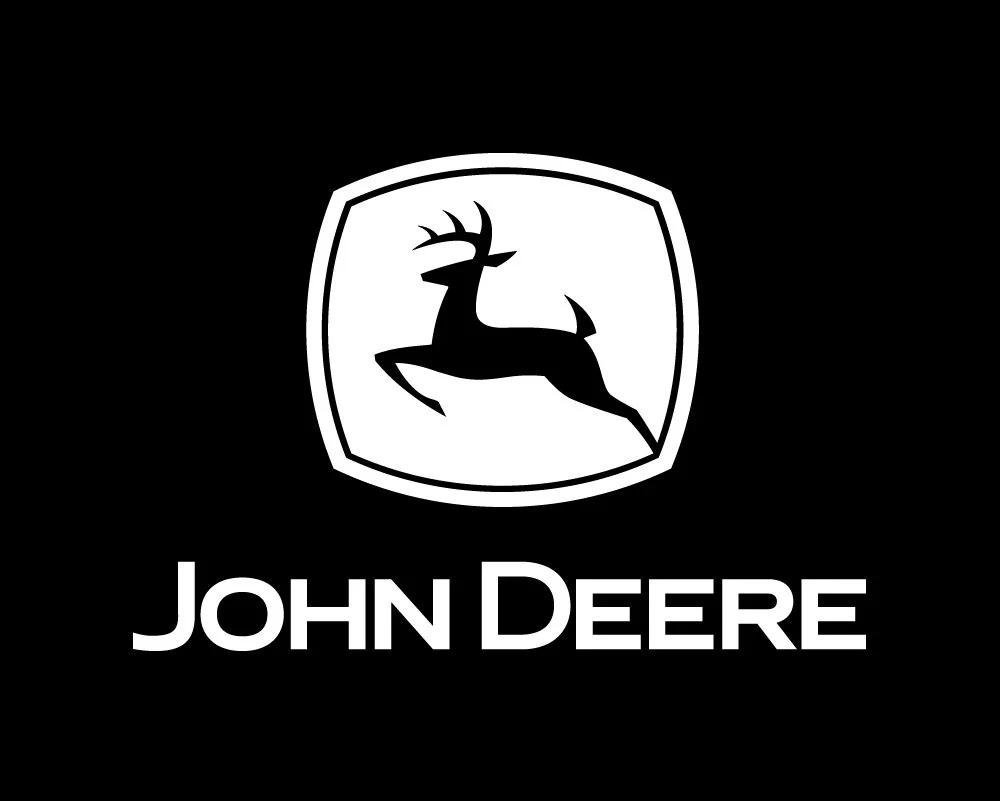 Black background with white John Deere logo featuring a leaping deer inside a shield, and the words "John Deere" below.