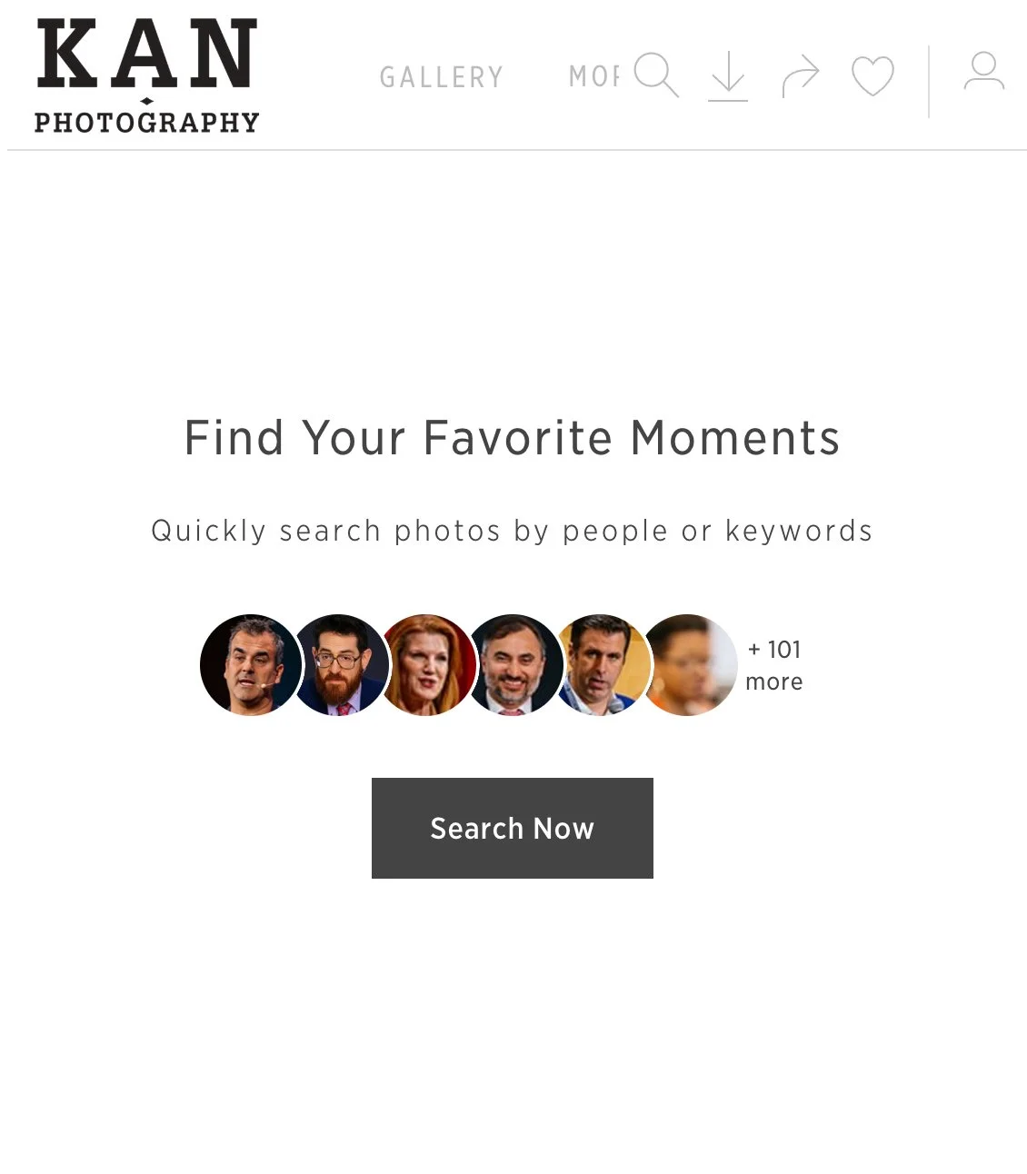 Screenshot of the Kan Photography website homepage, featuring a search feature for finding favorite moments with images of various people's faces and a search button.