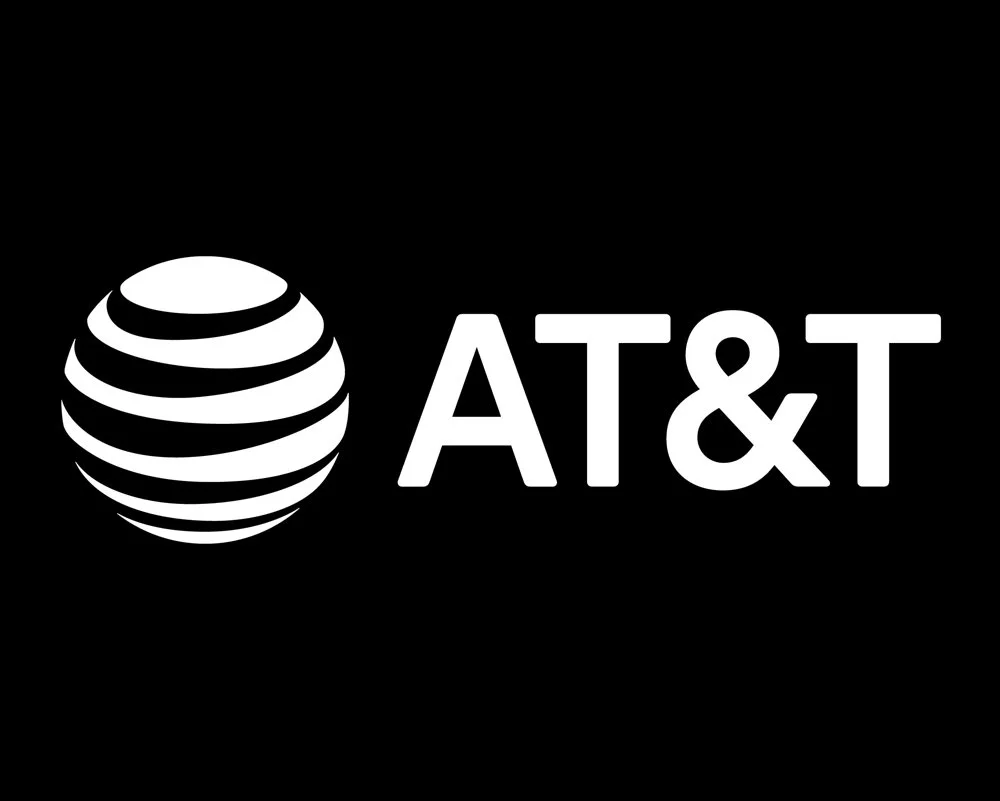 AT&T logo with a spherical symbol of black and white stripes on a black background.