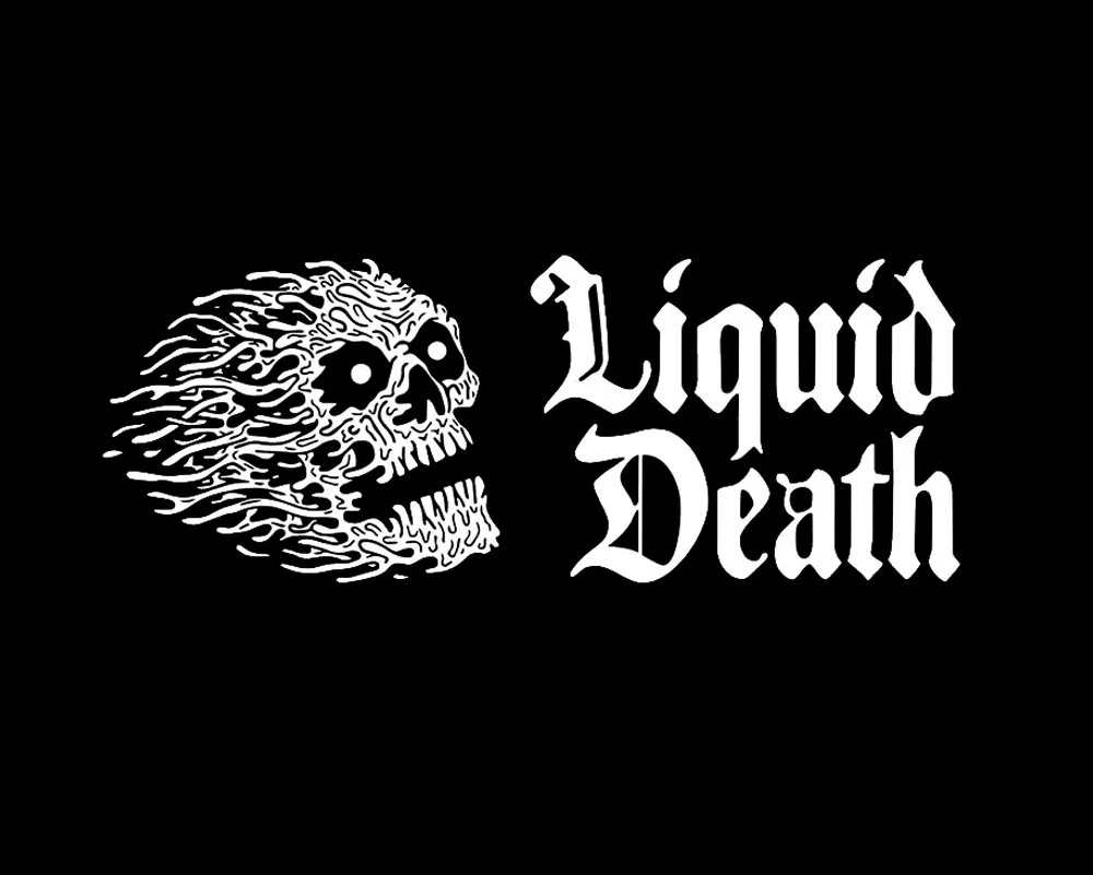 A graphic design featuring a white skull with flowing hair on a black background, accompanied by the words "Liquid Death" in gothic font.
