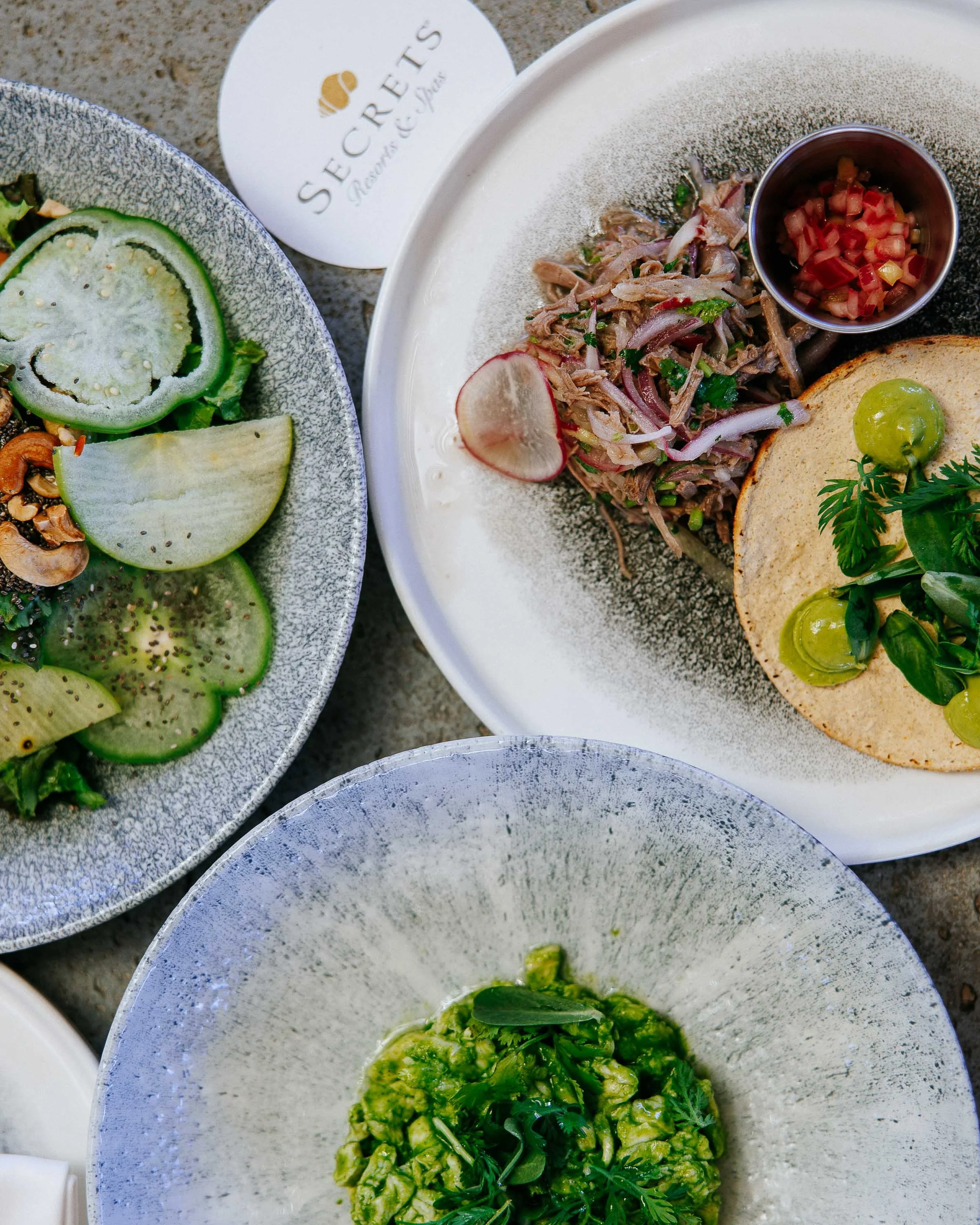Assorted dishes including salad with cucumbers and mushrooms, shredded meat with vegetables and salsa, and guacamole with herbs on textured plates.