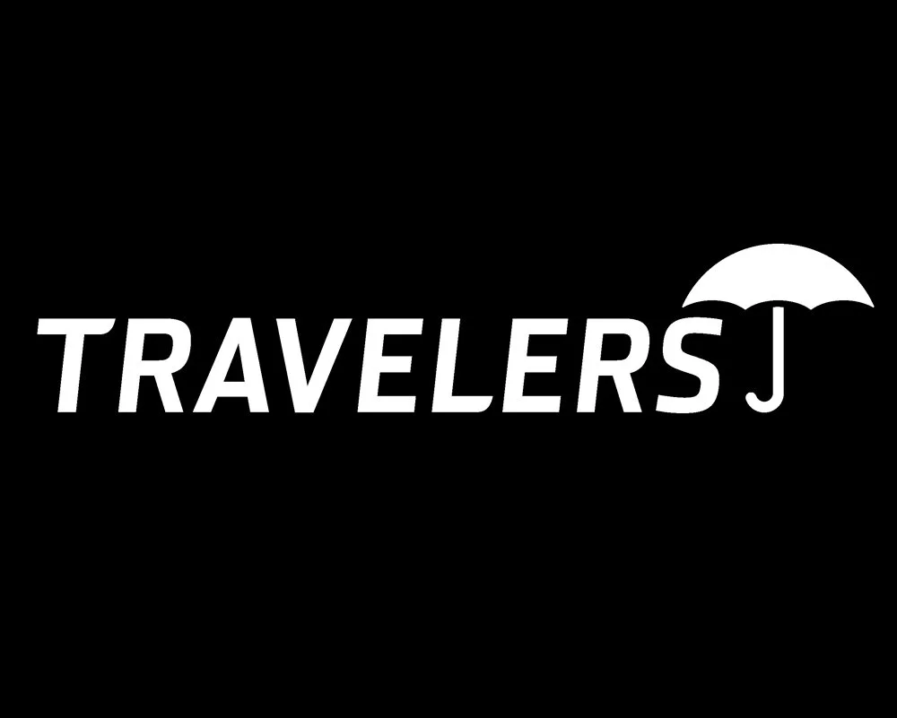 Black background with the word "TRAVELERS" in white, bold font, and a white umbrella icon over the letter "J."
