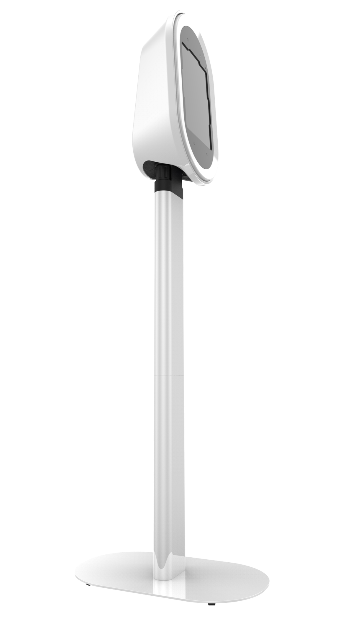 A white, elongated electronic device on a tall, silver stand, likely a modern air purifier or similar appliance.