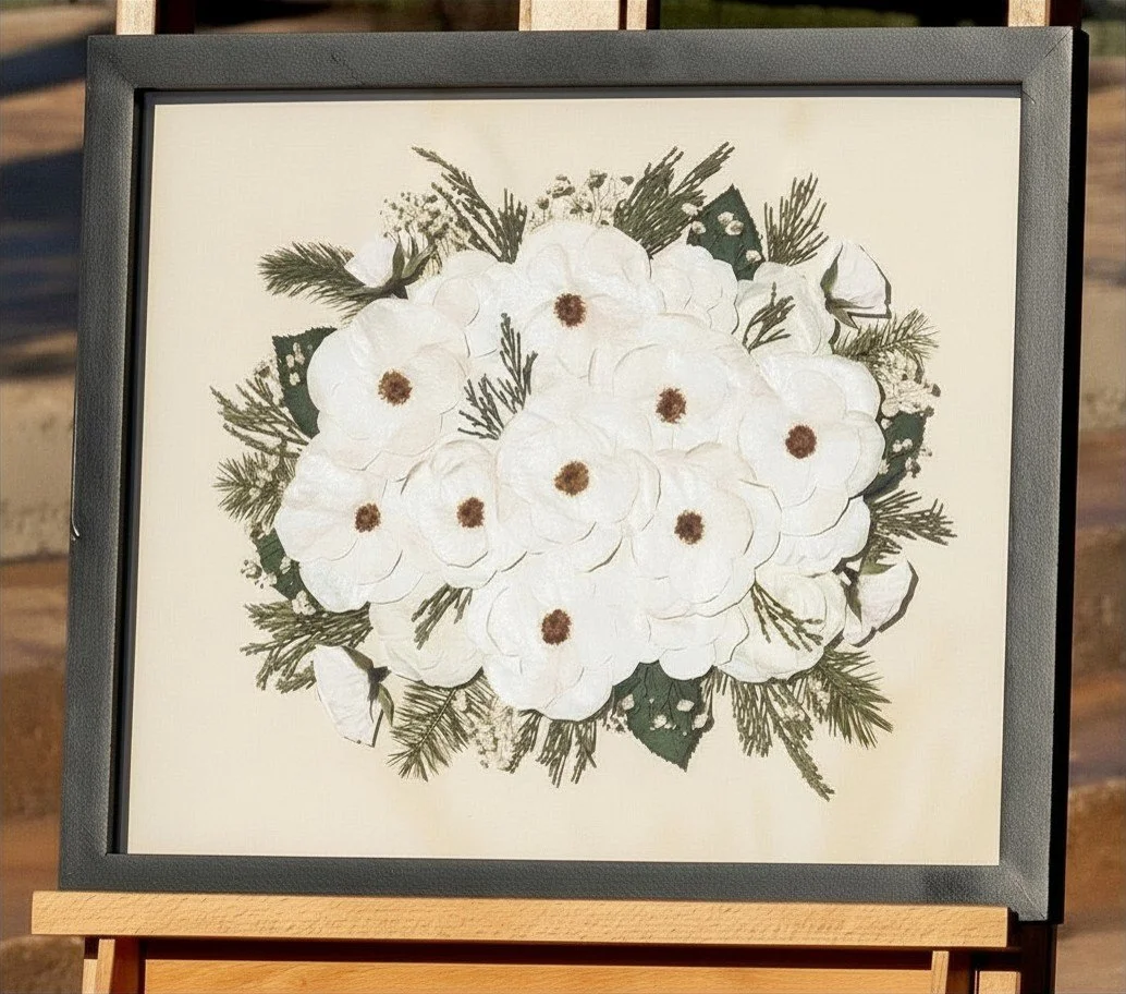 Pressed and framed all white wedding bouquet | Floral Preservation | Austin, TX