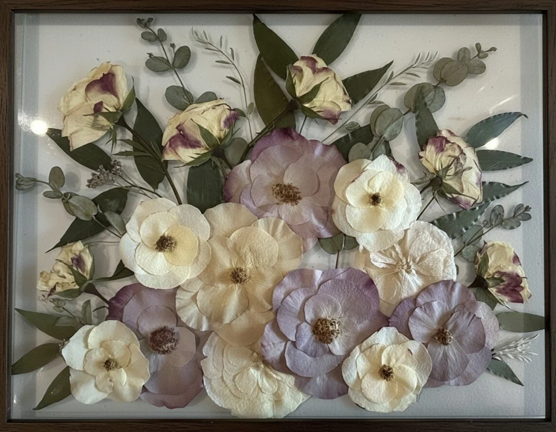 Meadow layout style of pressed flowers on a white mat background | Floral Preservation | Austin, TX
