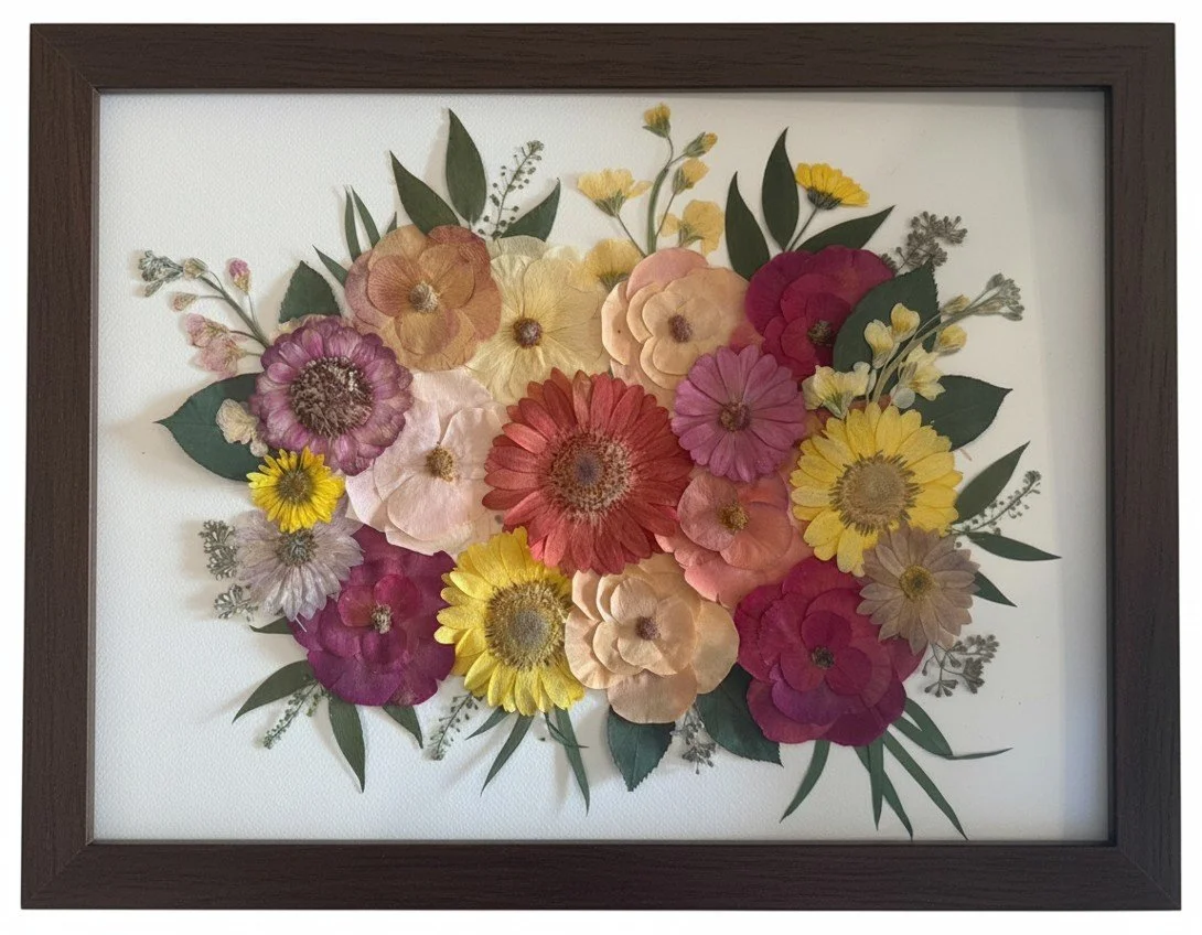 Pressed and framed wedding bouquet on ivory mat background | Floral Preservation | Austin, TX