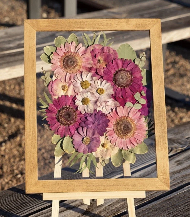 Framed and pressed zinnias, gerbera daisies and roses with glass background | Floral Preservation | Austin, TX