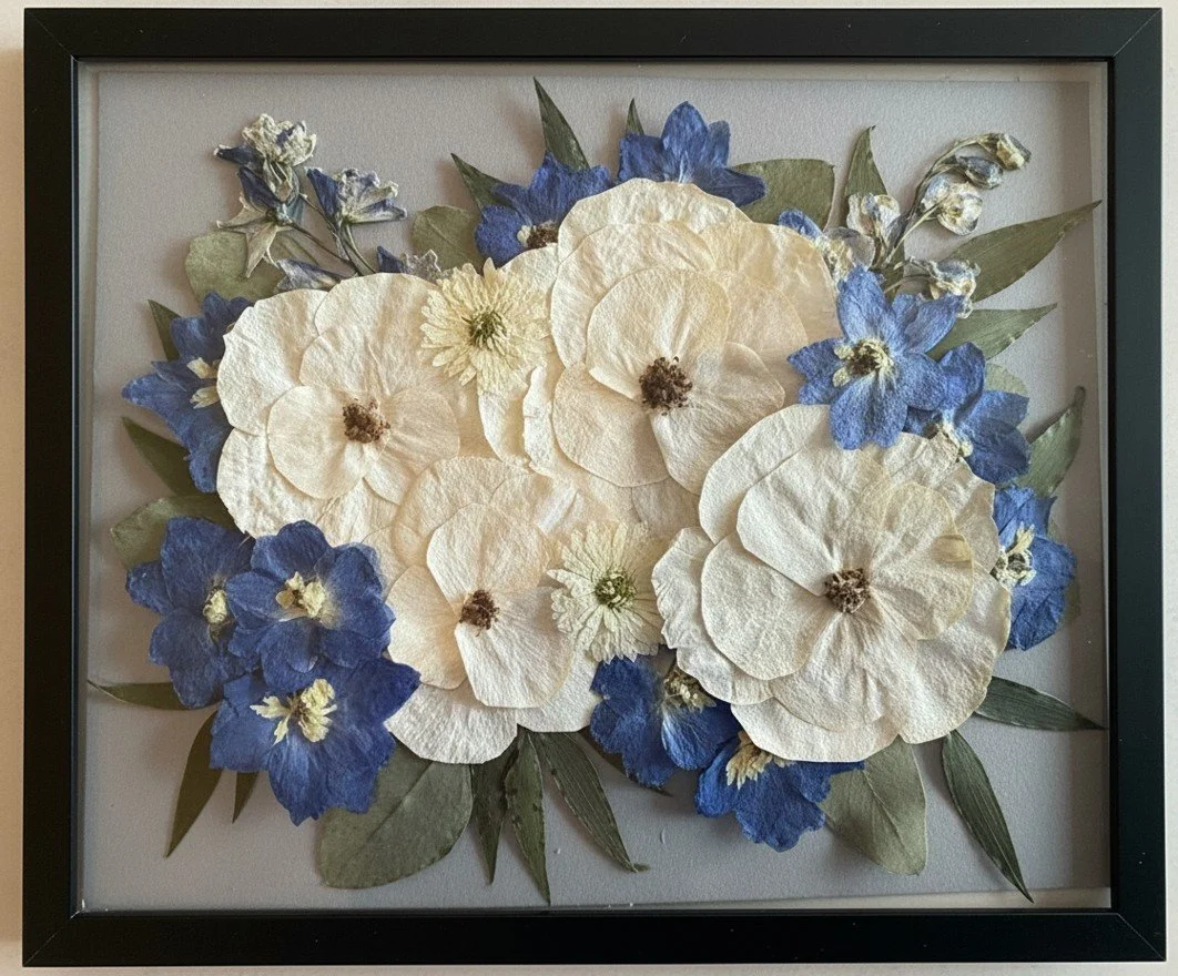 Pressed white roses and blue delphinium | Floral Preservation | Austin, TX 
