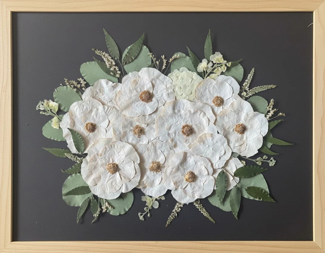 Framed and pressed all white wedding bouquet on black mat background | Floral Preservation | Austin, TX