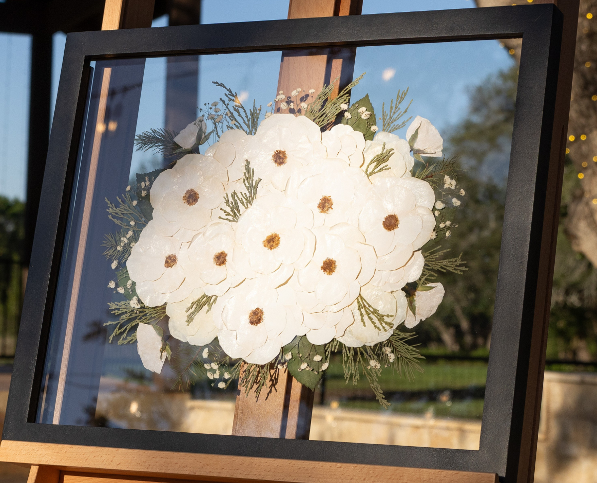 Glass on glass pressed and framed white wedding bouquet | Floral Preservation | Austin, TX