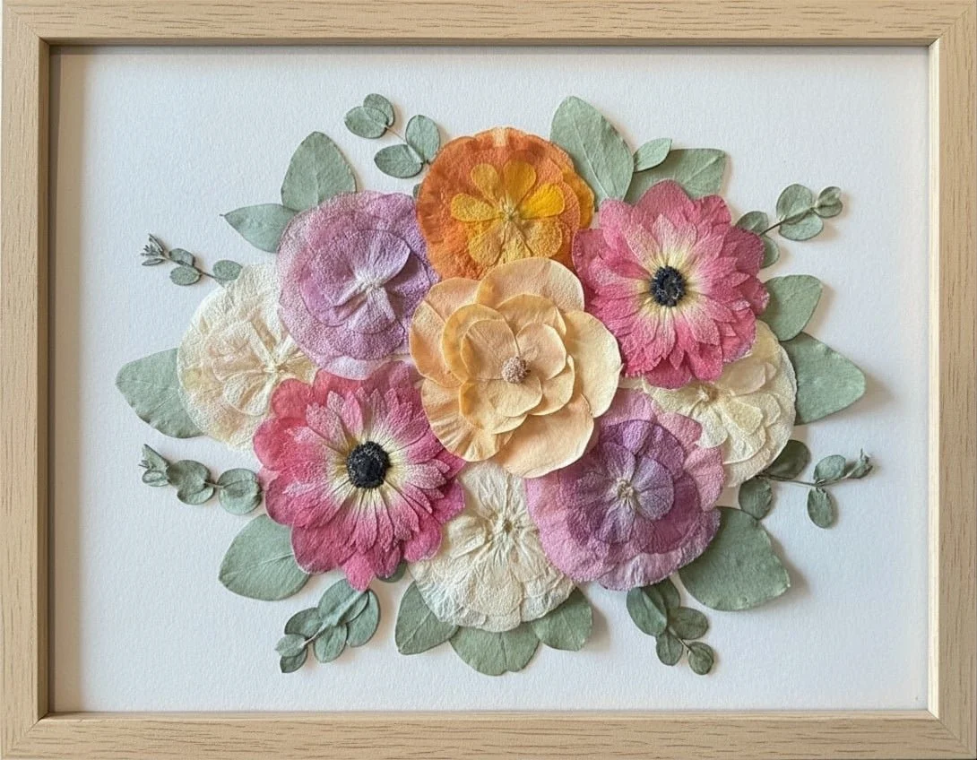 Framed and pressed wedding bouquet featuring roses and ranunculus | Floral Preservation | Austin, TX