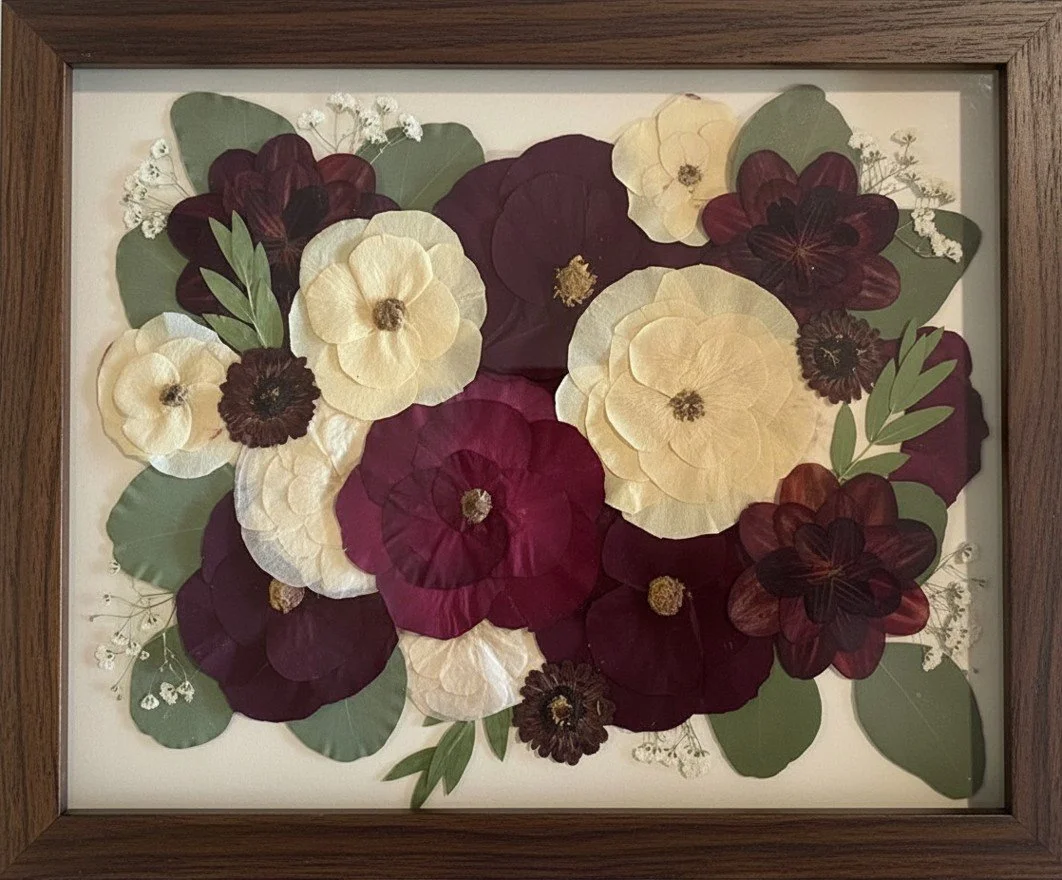 Pressed and framed white and red roses with baby's breath and eucalyptus leaves | Floral Preservation | Austin, TX