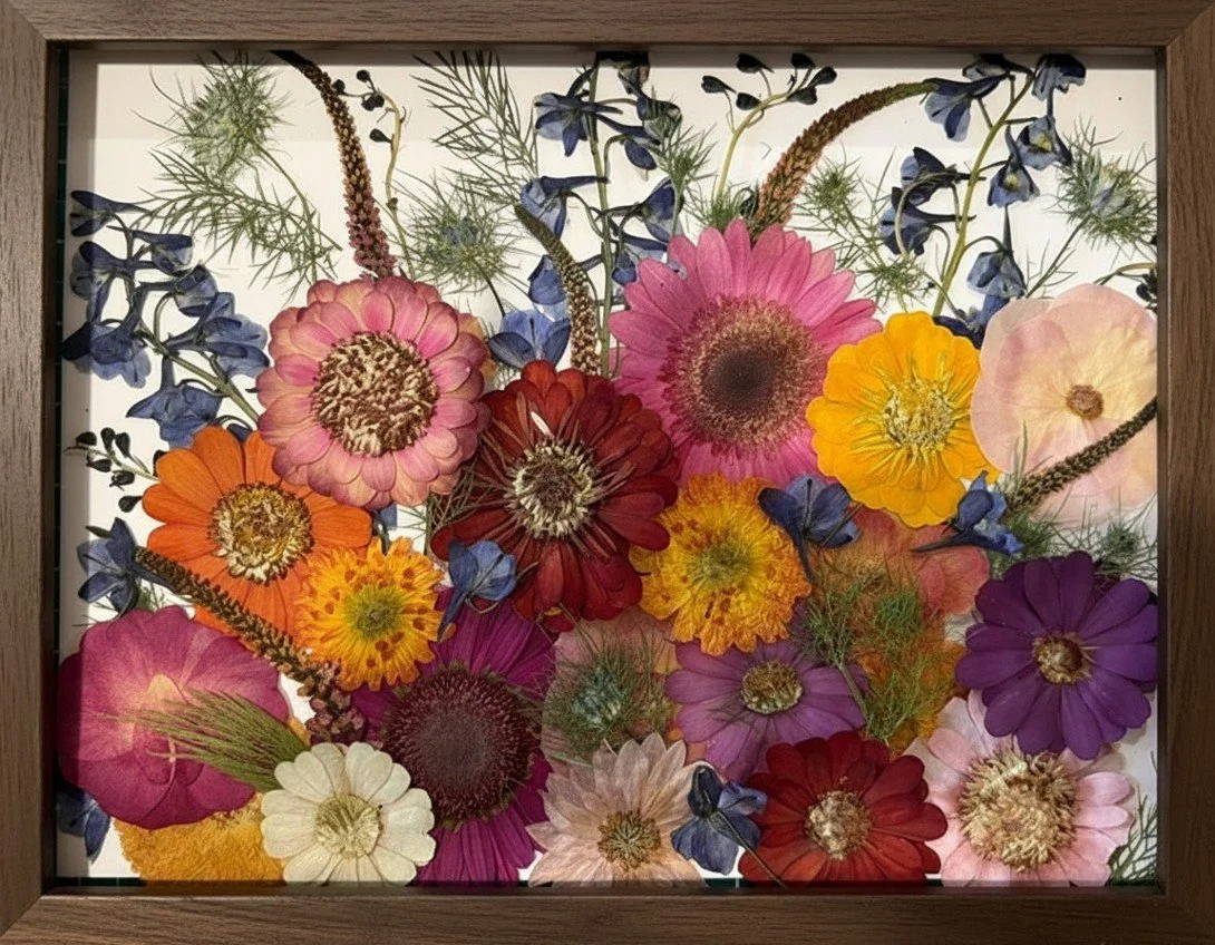 Meadow layout style of pressed flowers on white mat background | Floral Preservation | Austin, TX